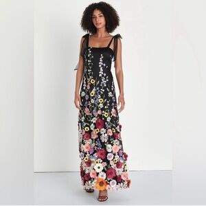 Lulus Thriving Poise Black 3D Floral Embroidered Tie-Strap Maxi Dress L